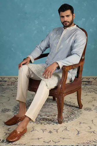 Mens blue silk blend solid embroidered kurta with trousers