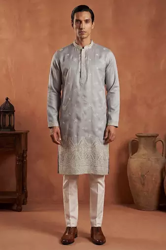 Mens blue silk blend solid embroidered kurta with trousers