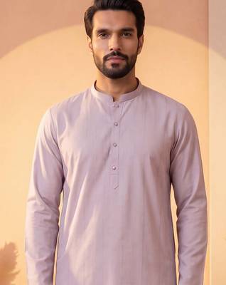 Mens lavender silk blend solid solid kurta with trousers 2
