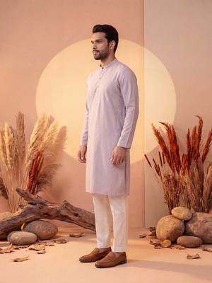Mens lavender silk blend solid solid kurta with trousers 3