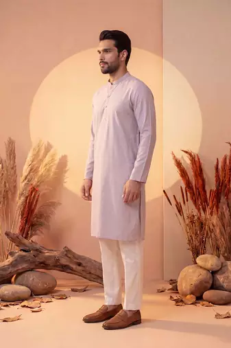 Mens lavender silk blend solid solid kurta with trousers