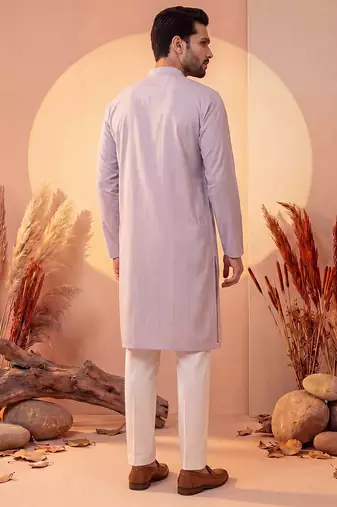 Mens lavender silk blend solid solid kurta with trousers