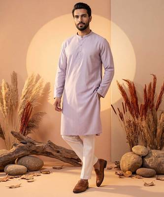 Mens lavender silk blend solid solid kurta with trousers 5