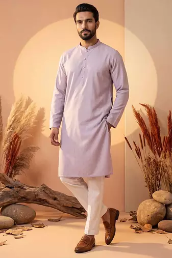 Mens lavender silk blend solid solid kurta with trousers