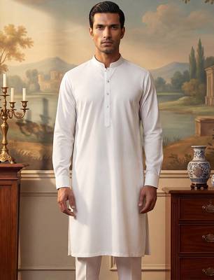 Mens white silk blend solid solid kurta with trousers 1