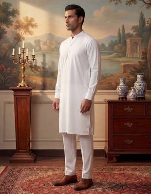 Mens white silk blend solid solid kurta with trousers 3