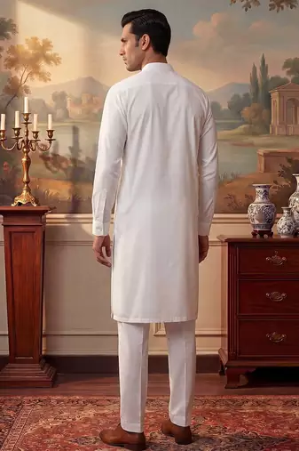Mens white silk blend solid solid kurta with trousers