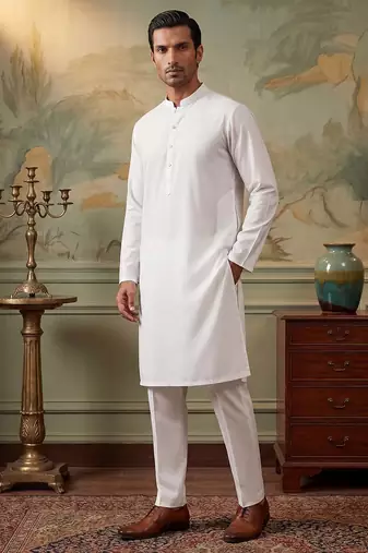 Mens white silk blend solid solid kurta with trousers