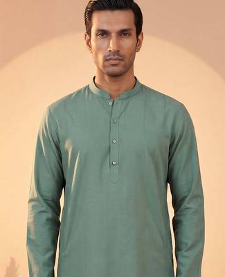 Mens green silk blend solid solid kurta with trousers 2