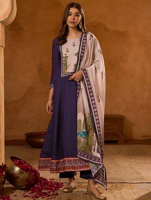 Women's Beautiful Printed Work Viscose Silk Fabric Flared Anarkali Pant and Dupatta Set 1