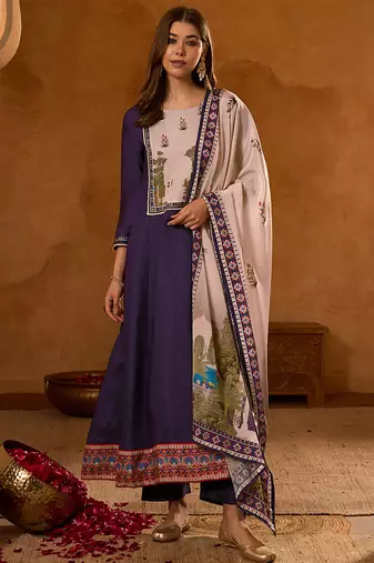 Women's Beautiful Printed Work Viscose Silk Fabric Flared Anarkali Pant and Dupatta Set