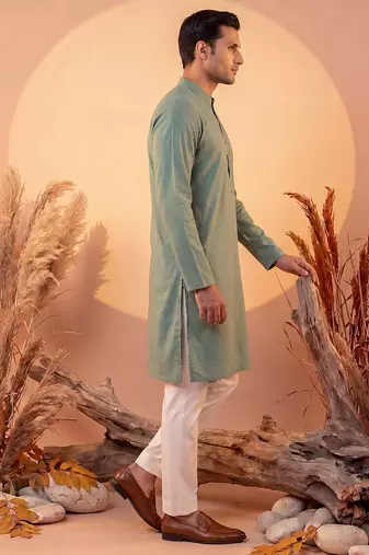 Mens green silk blend solid solid kurta with trousers