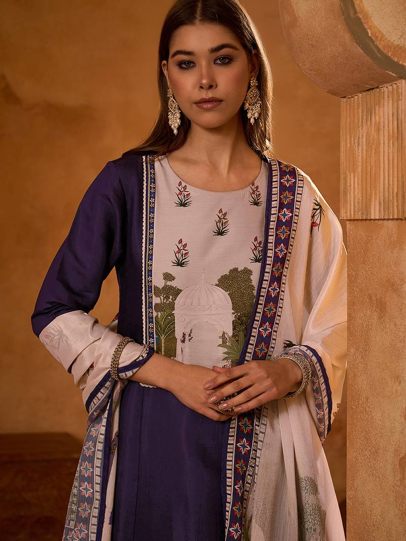 Women's Beautiful Printed Work Viscose Silk Fabric Flared Anarkali Pant and Dupatta Set