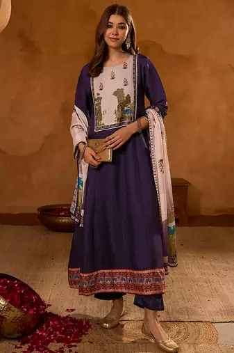 Women's Beautiful Printed Work Viscose Silk Fabric Flared Anarkali Pant and Dupatta Set