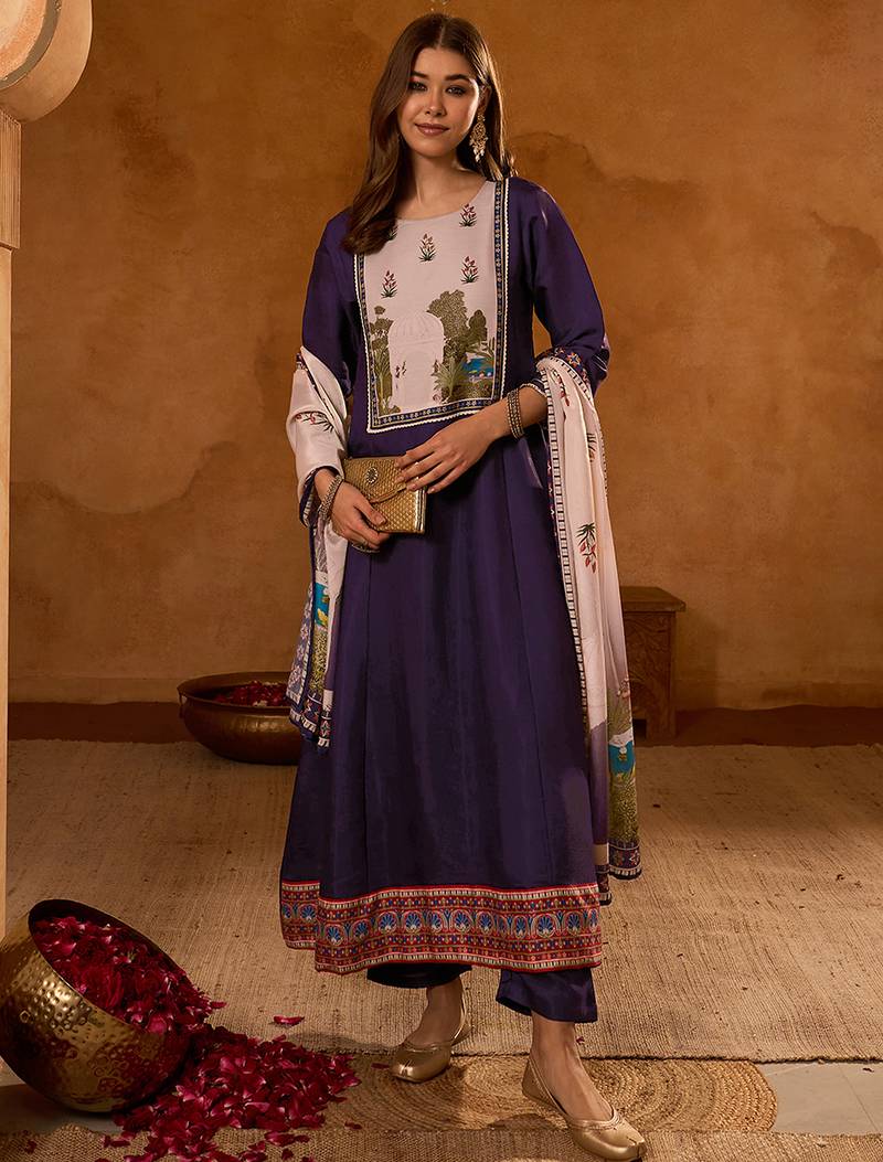 Women's Beautiful Printed Work Viscose Silk Fabric Flared Anarkali Pant and Dupatta Set