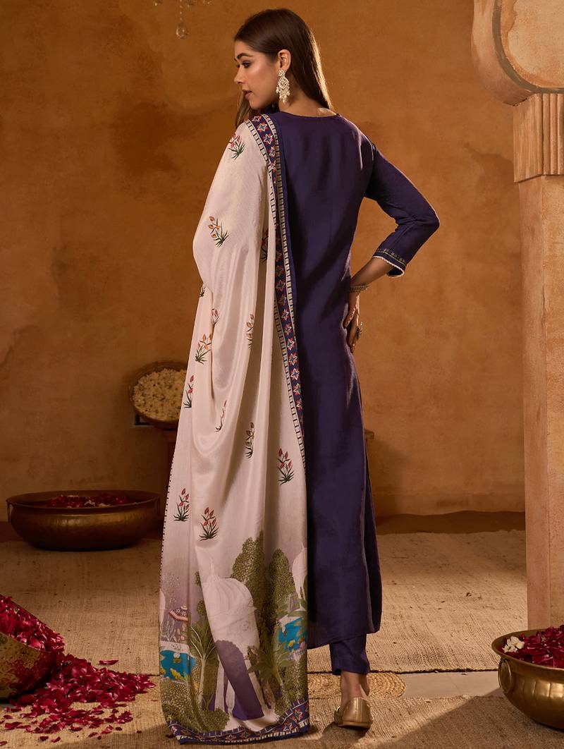 Women's Beautiful Printed Work Viscose Silk Fabric Flared Anarkali Pant and Dupatta Set