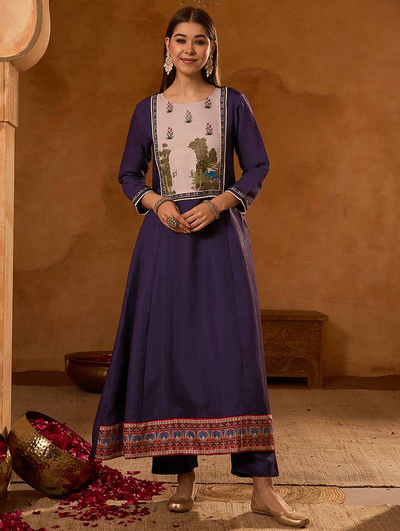 Women's Beautiful Printed Work Viscose Silk Fabric Flared Anarkali Pant and Dupatta Set