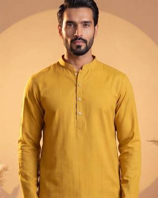 Mens yellow silk blend solid solid kurta with trousers 2