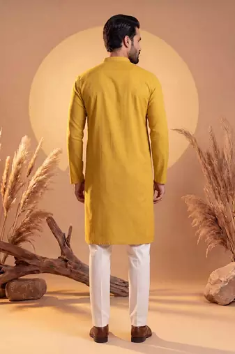 Mens yellow silk blend solid solid kurta with trousers