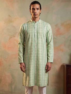 Mens multi silk blend abstract printed kurta with trousers 1