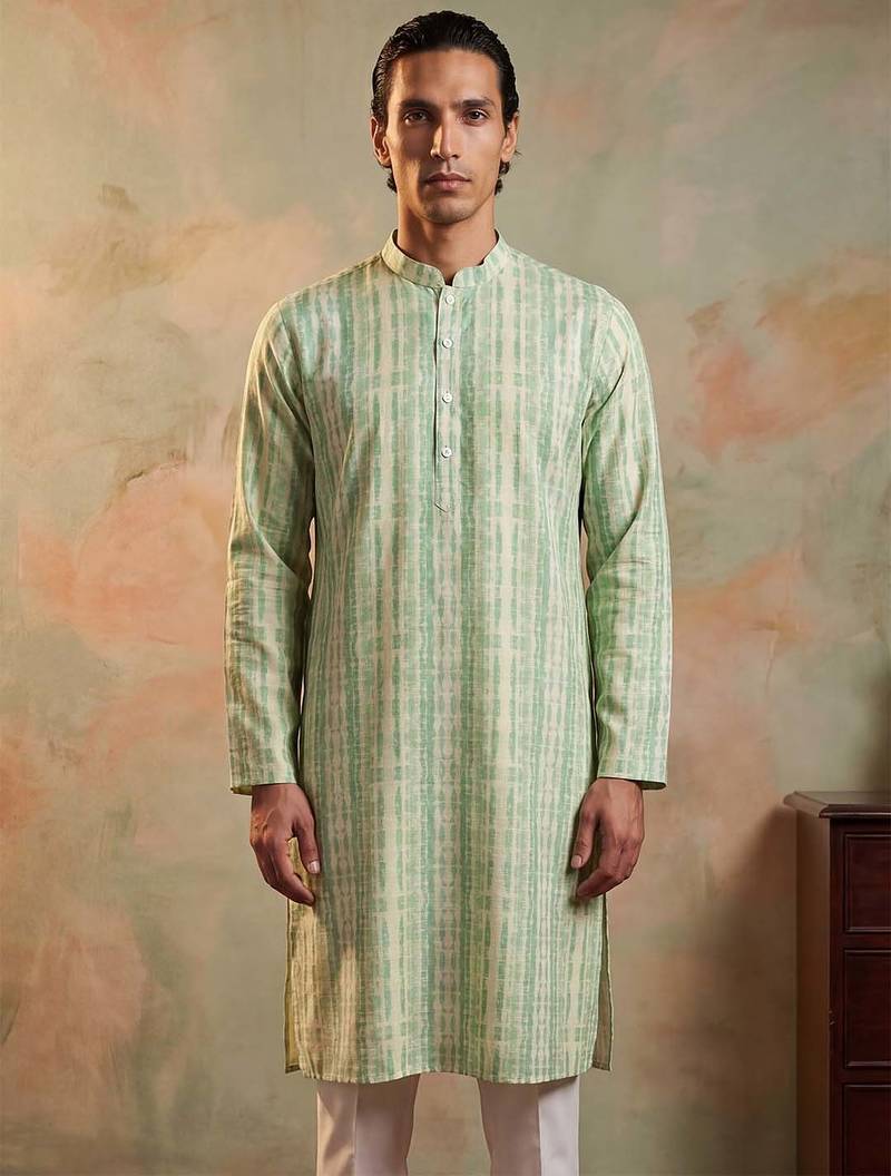 Mens multi silk blend abstract printed kurta with trousers