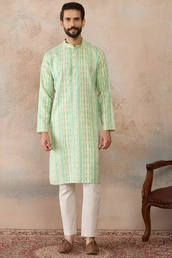 Mens multi silk blend abstract printed kurta with trousers