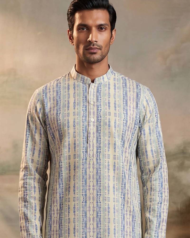 Mens multi silk blend abstract printed kurta with trousers