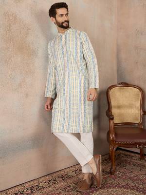 Mens multi silk blend abstract printed kurta with trousers 3