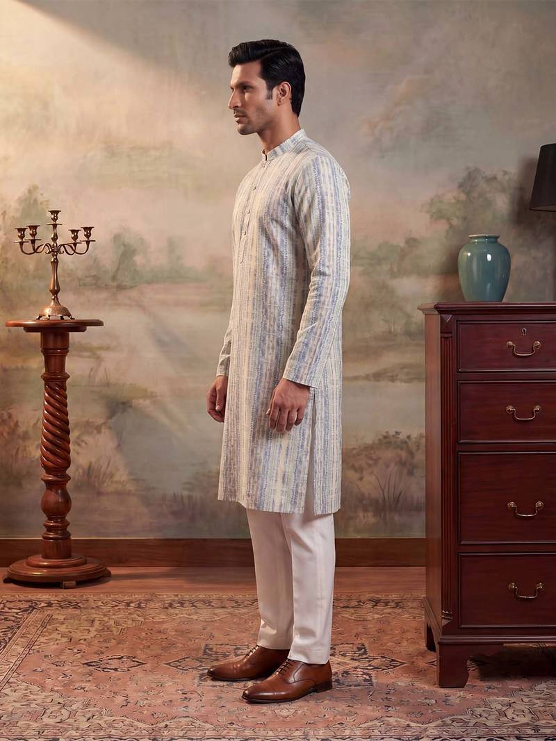 Mens multi silk blend abstract printed kurta with trousers