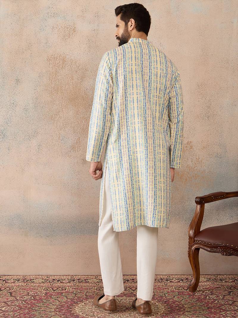 Mens multi silk blend abstract printed kurta with trousers