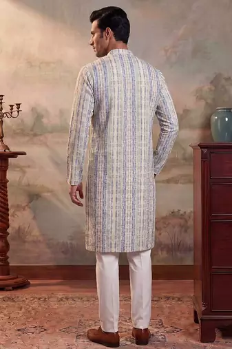 Mens multi silk blend abstract printed kurta with trousers