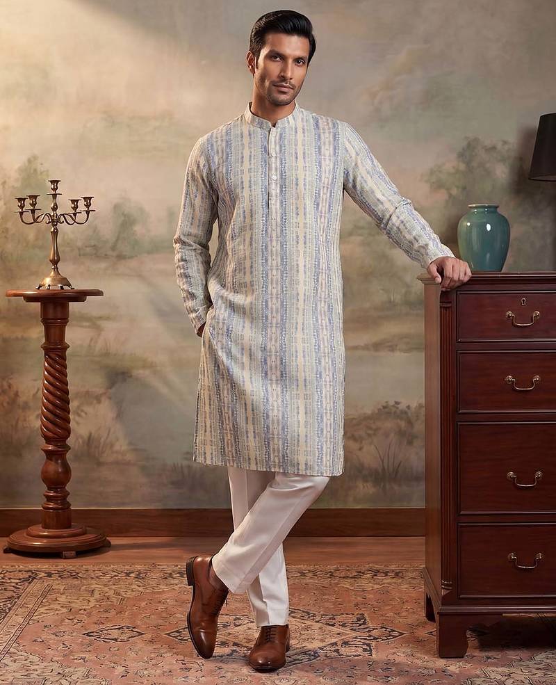 Mens multi silk blend abstract printed kurta with trousers