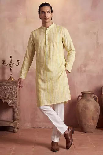 Mens multi silk blend abstract printed kurta with trousers