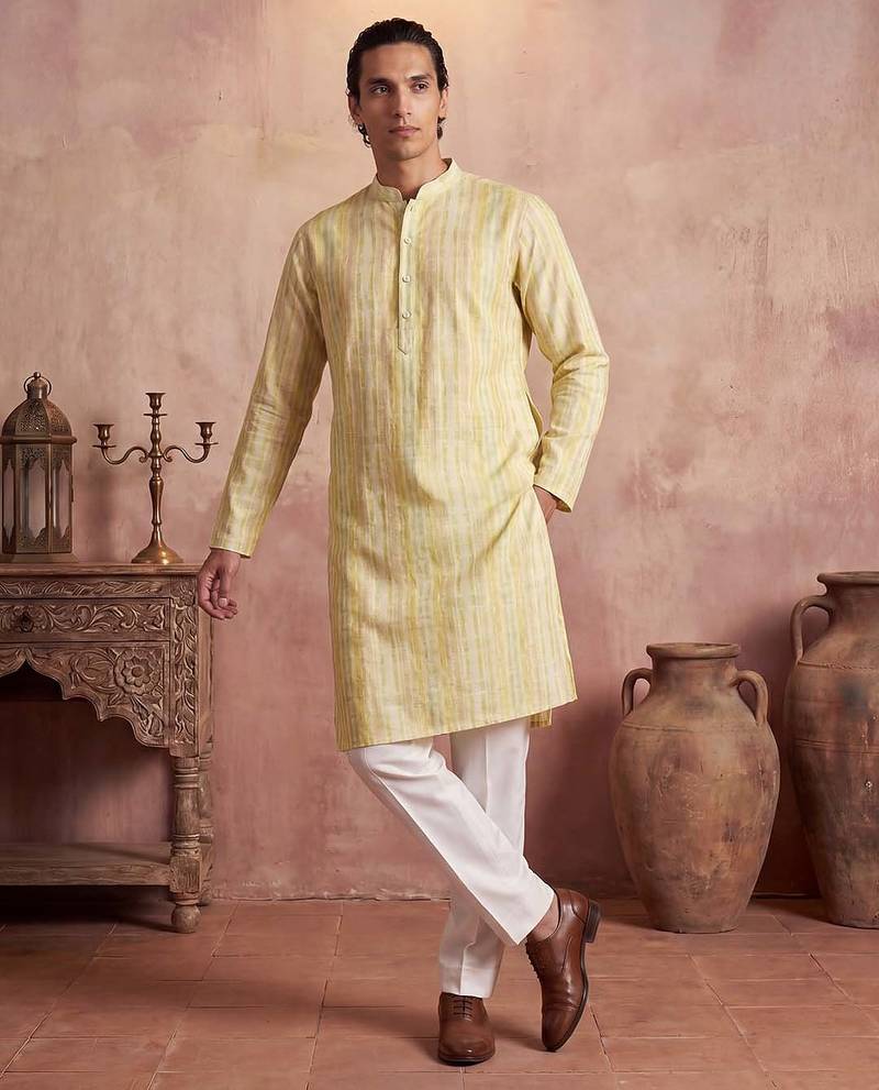 Mens multi silk blend abstract printed kurta with trousers