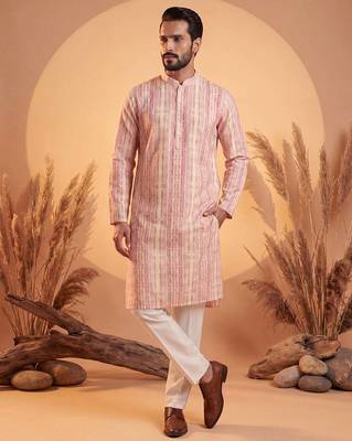 Mens multi silk blend abstract printed kurta with trousers 5