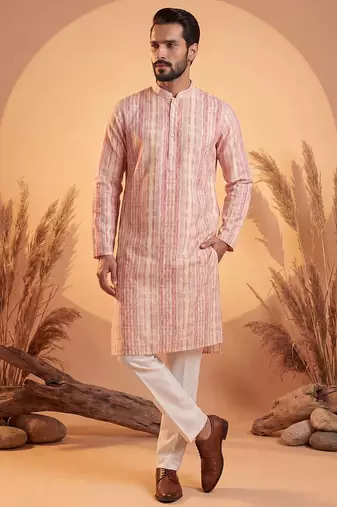 Mens multi silk blend abstract printed kurta with trousers