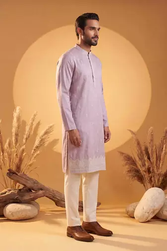 Mens lavender silk blend solid embroidered kurta with trousers