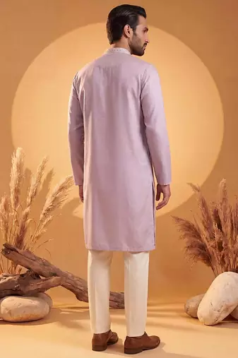 Mens lavender silk blend solid embroidered kurta with trousers