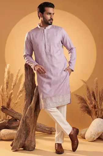 Mens lavender silk blend solid embroidered kurta with trousers