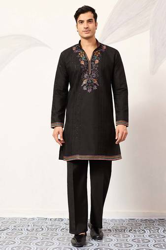 Mens black silk blend embroidered straight kurta with trousers