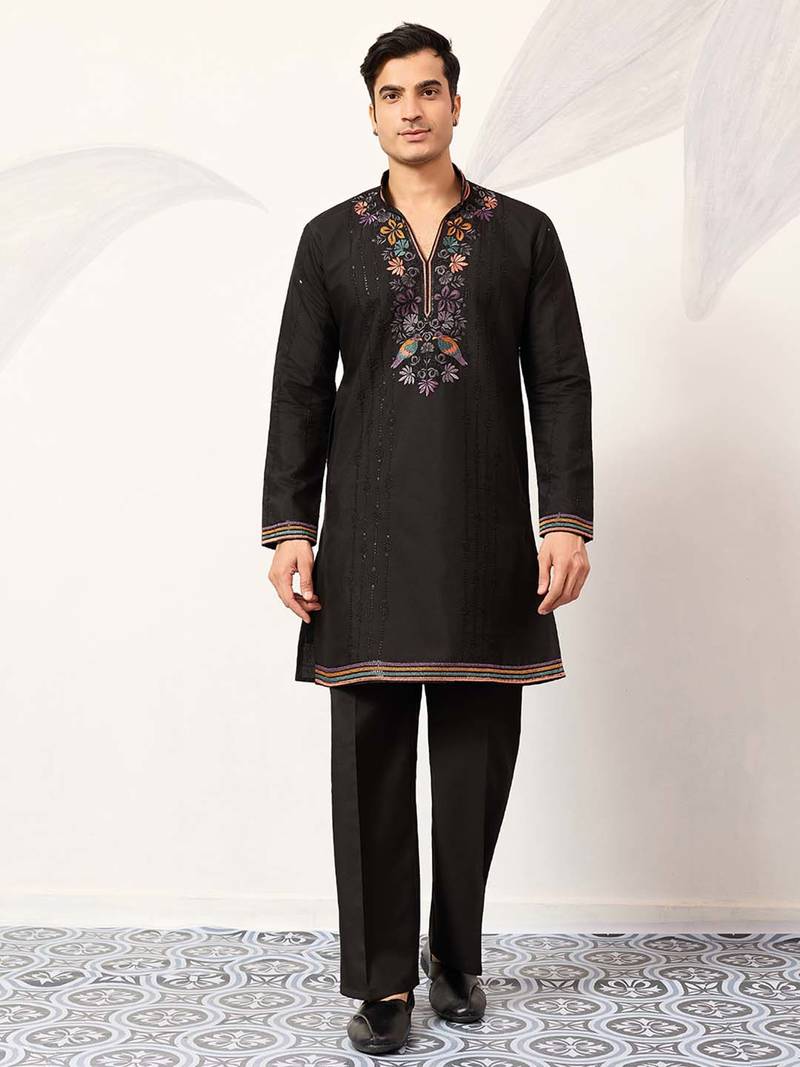 Mens black silk blend embroidered straight kurta with trousers