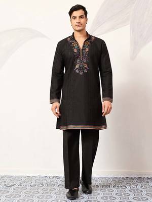 Mens black silk blend embroidered straight kurta with trousers 1