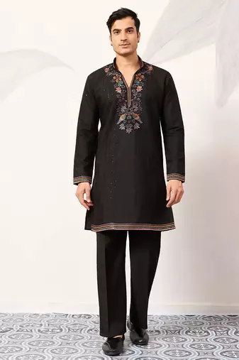 Mens black silk blend embroidered straight kurta with trousers