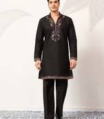 Mens black silk blend embroidered straight kurta with trousers