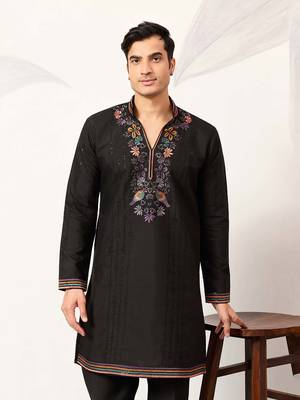 Mens black silk blend embroidered straight kurta with trousers 2