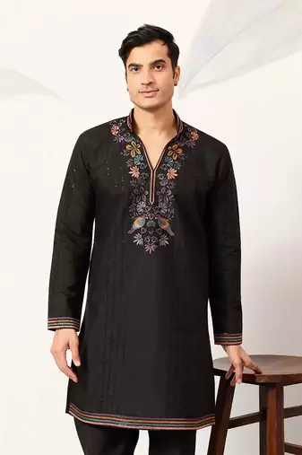 Mens black silk blend embroidered straight kurta with trousers