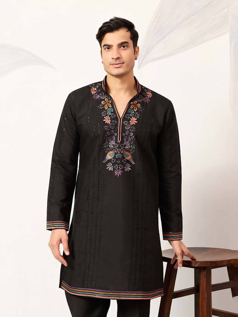 Mens black silk blend embroidered straight kurta with trousers