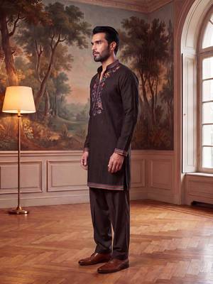Mens black silk blend embroidered straight kurta with trousers 2