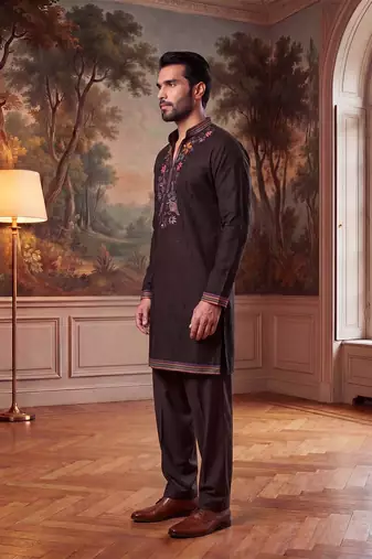 Mens black silk blend embroidered straight kurta with trousers