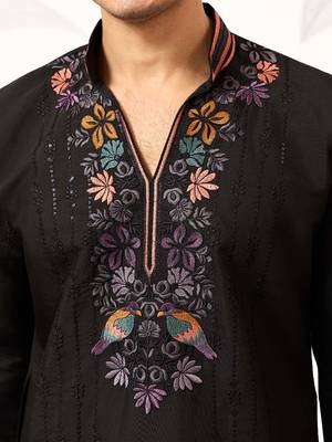 Mens black silk blend embroidered straight kurta with trousers 3